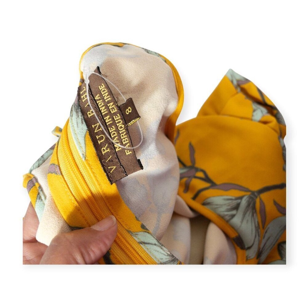 Anthropologie Varun Bahl Warbler yellow ruffle trim jumpsuit SZ 8 Heron Print - Picture 6 of 10
